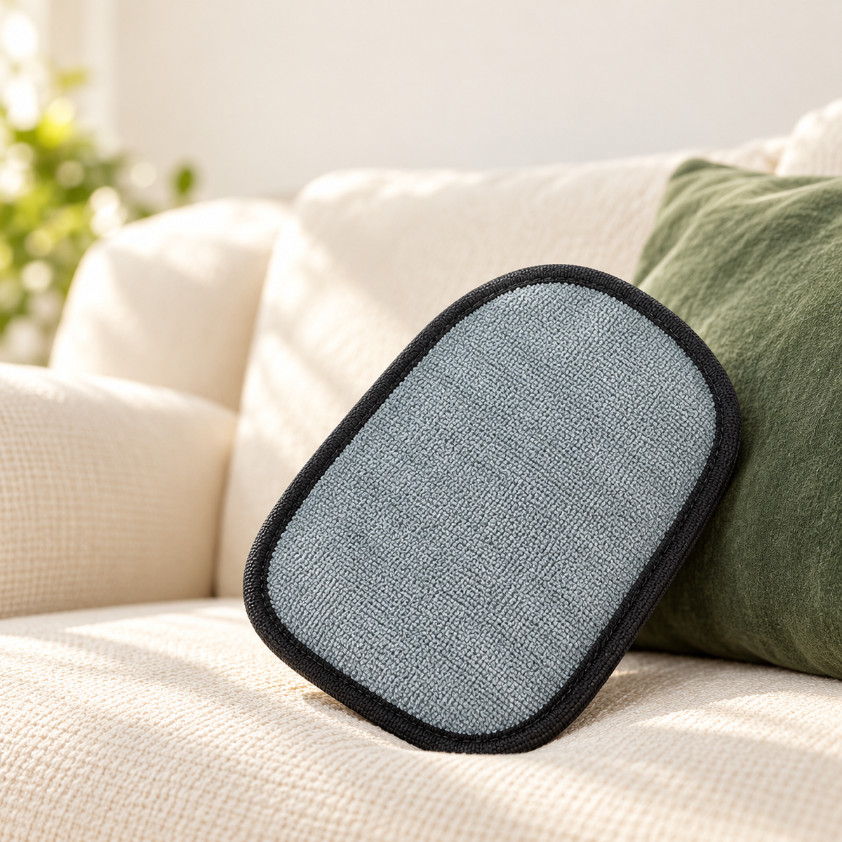 Styled supplier-reference image: grey cleaning mitt with black edging on a cream sofa.