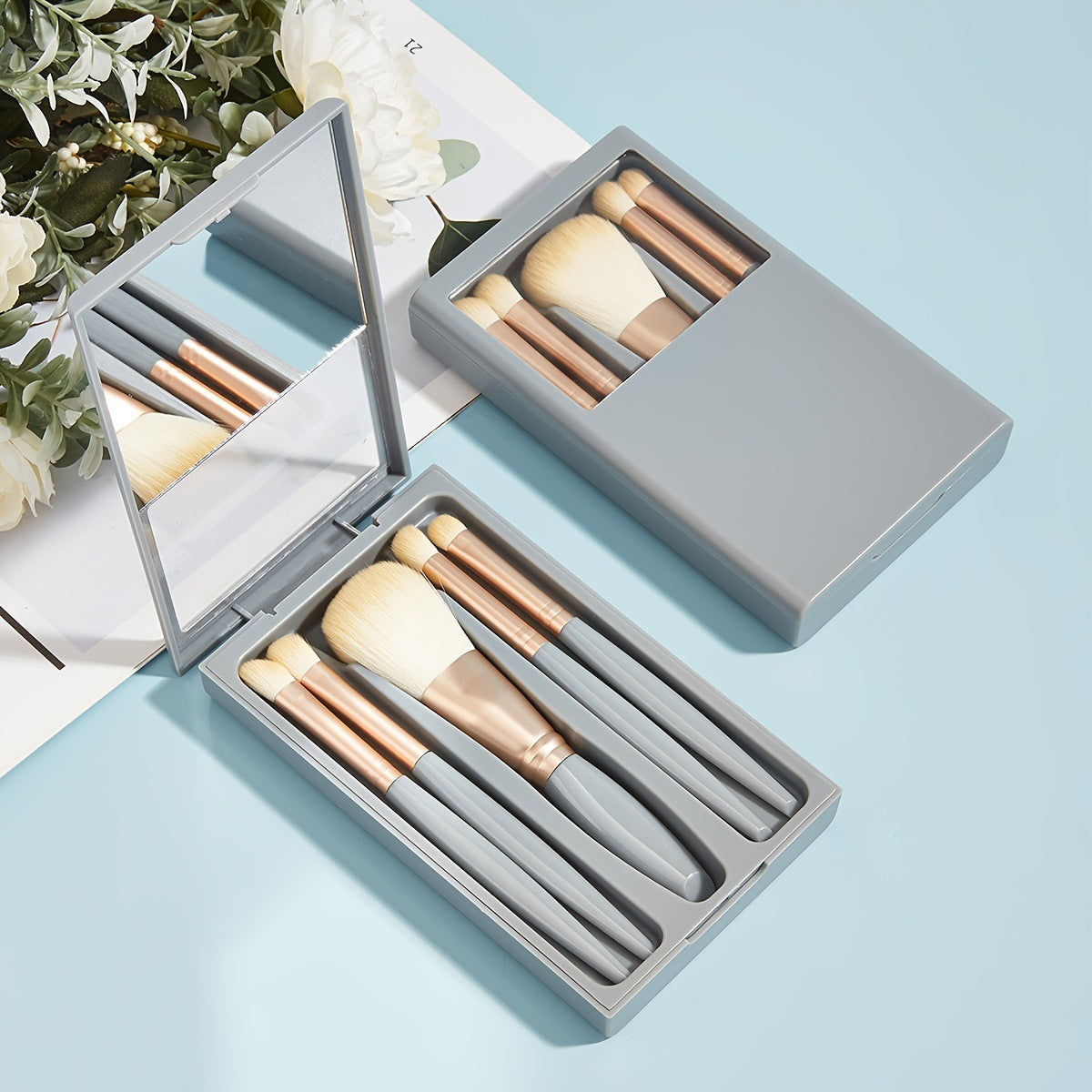 Supplier reference showing the five brushes and mirror case; selected colour is sky blue.